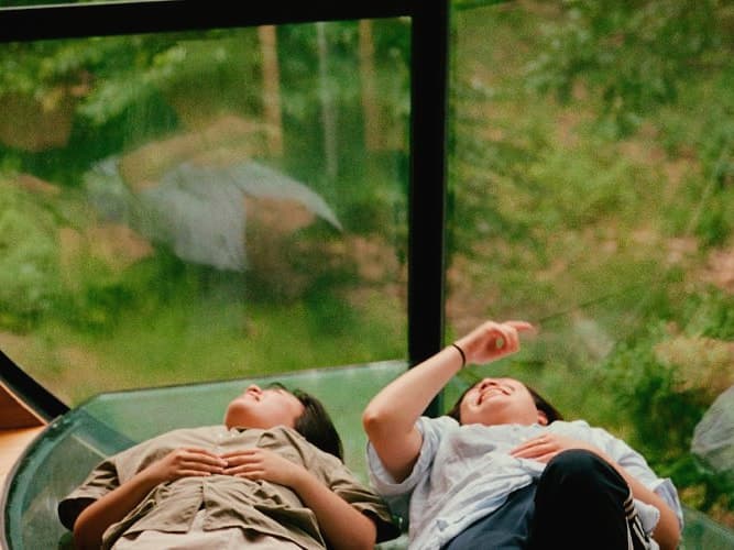 Two friends lying on a glass floor in a forest cabin, looking up at the trees